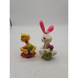Vintage Rabbit Bunny & Duck Hard Plastic 6.5" tall Egg Easter Colorful Spring